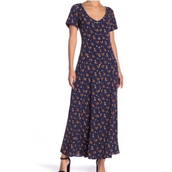 Spirit of Grace Maxi Dress Womens S Navy Blue Floral Button Down Lace Up Back - Picture 1 of 8